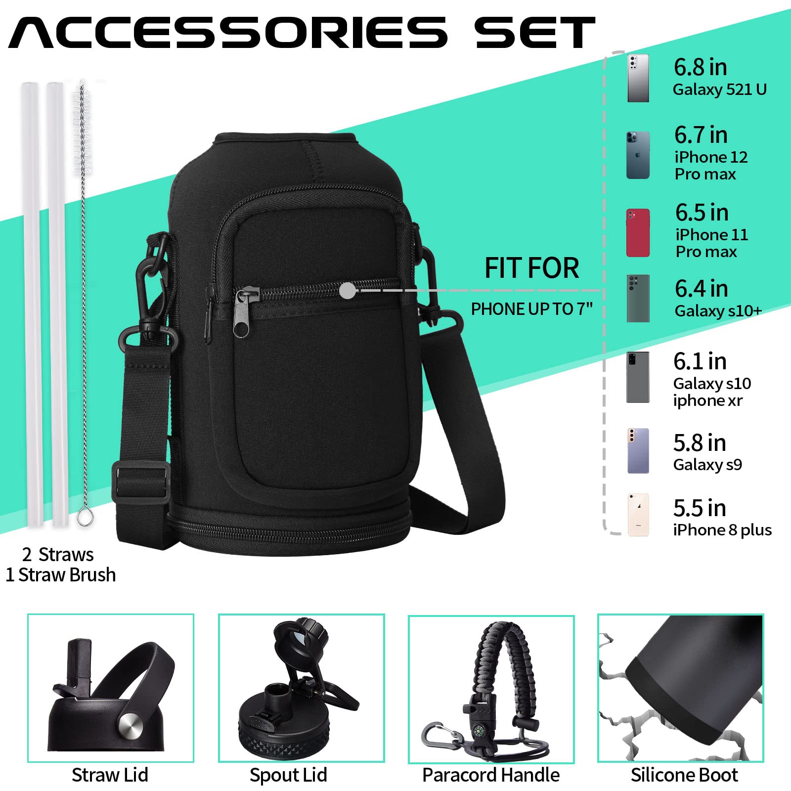 Half Gallon Insulated Water Bottle - with Straw & Spout Lid  Paracord Handle & Carrier Bag  Protective Cup Mat  64oz Vacuum Stainless Steel Water Bottle  Metal Vacuum Flasks Keep Cold 48h Hot 24h